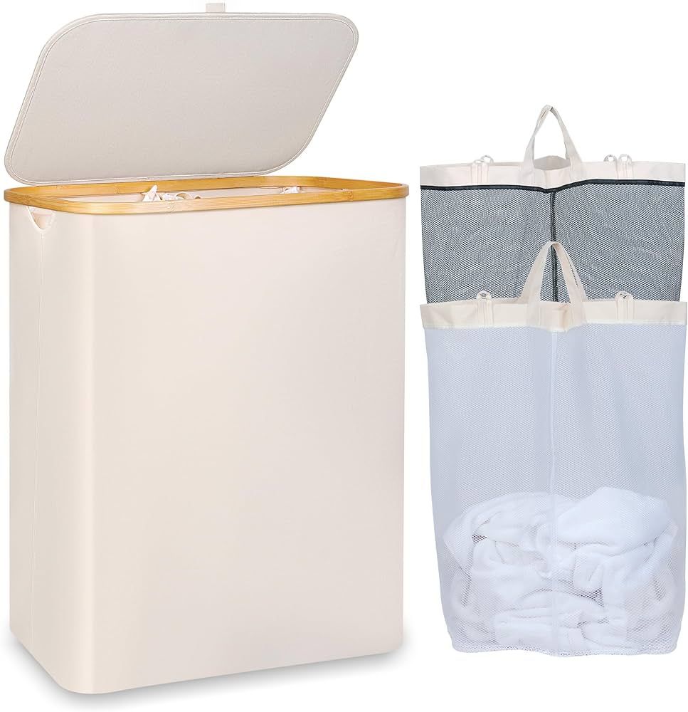 150L Laundry Basket with Lid, Large Laundry Hamper with Bamboo Handle, Collapsible Dirty Clothes Hamper Organizer with Removable Inner Bag for Clothes Toys Towels - Beige | Amazon (US)