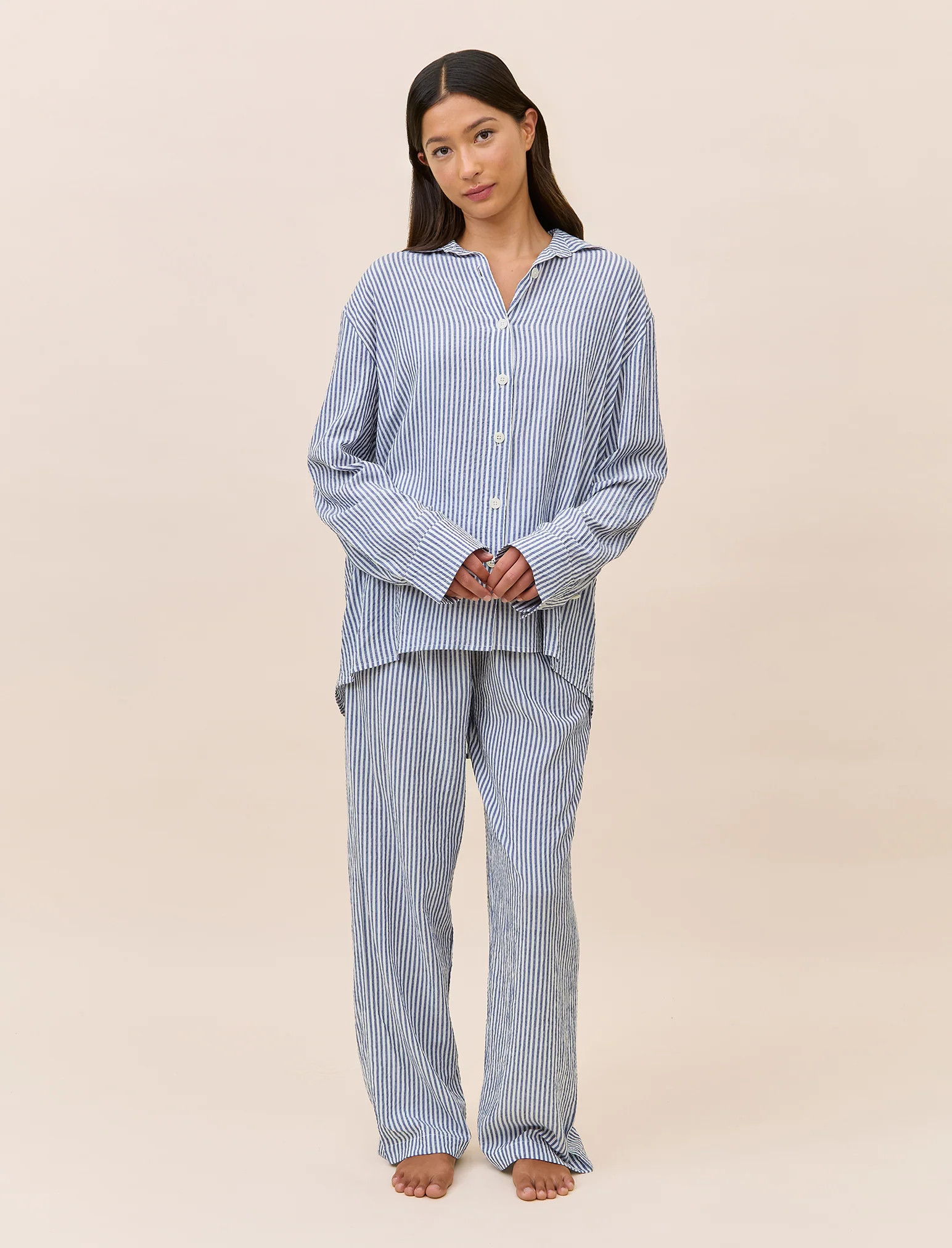 Sabine Seersucker Stripe Full Length PJ Set | Papinelle Sleepwear US