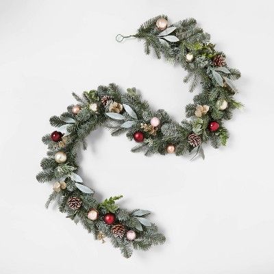 6' Unlit Blue Green Mix Greenery Artificial Pine Christmas Garland with Gold, Blush & Burgundy Or... | Target