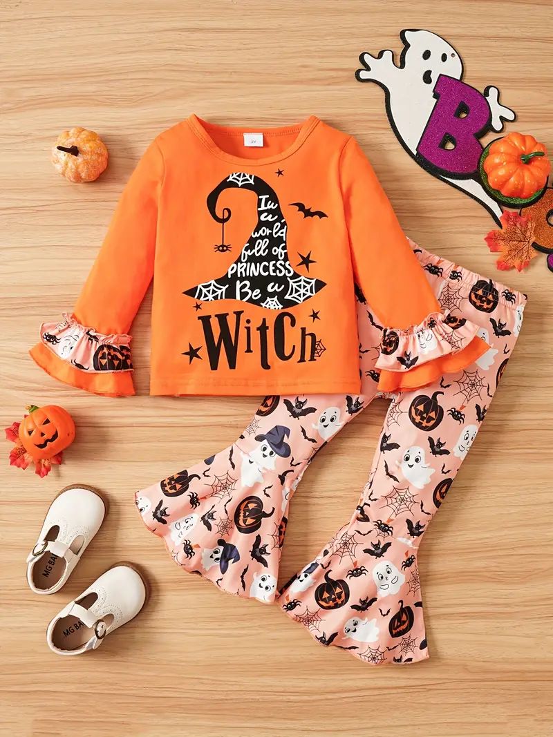 Girls 2pcs Sweatshirt & Elastic Waist Flared Pants WITCH Print  Halloween Style Long Sleeve Pullo... | Temu Affiliate Program