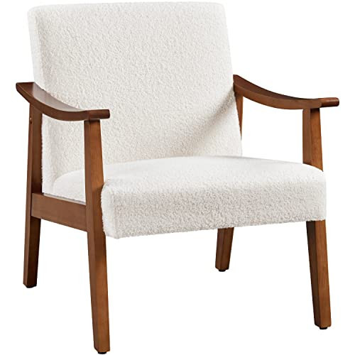 Yaheetech Fabric Accent Chair, Mid-Century Modern Armchair with Solid Wood Legs, Reading Leisure Chair with High Back for Living Room Bedroom Waiting Room,Ivory | Amazon (US)