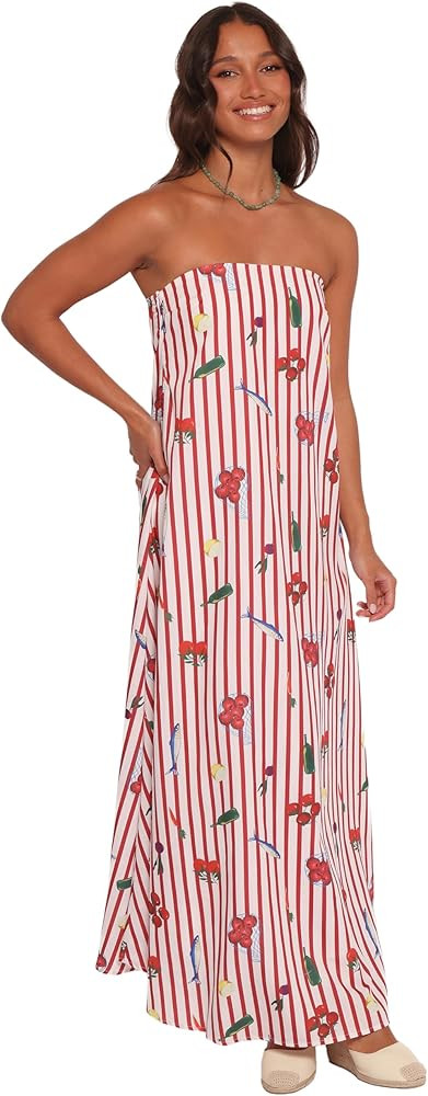 Petal & Pup Women's Soph Strapless Maxi Dress Red Picnic Stripe | Amazon (US)