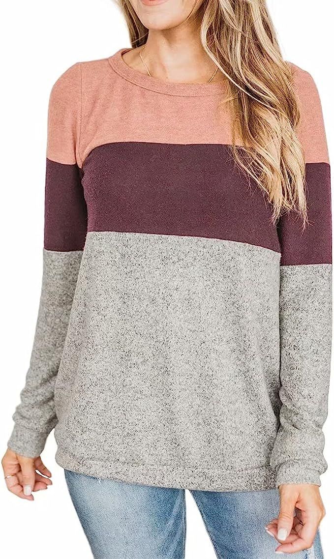 Lacozy Womens Color Block Long Sleeve Sweatshirt Casual Crewneck Pullover Loose Jumper Tops | Amazon (US)