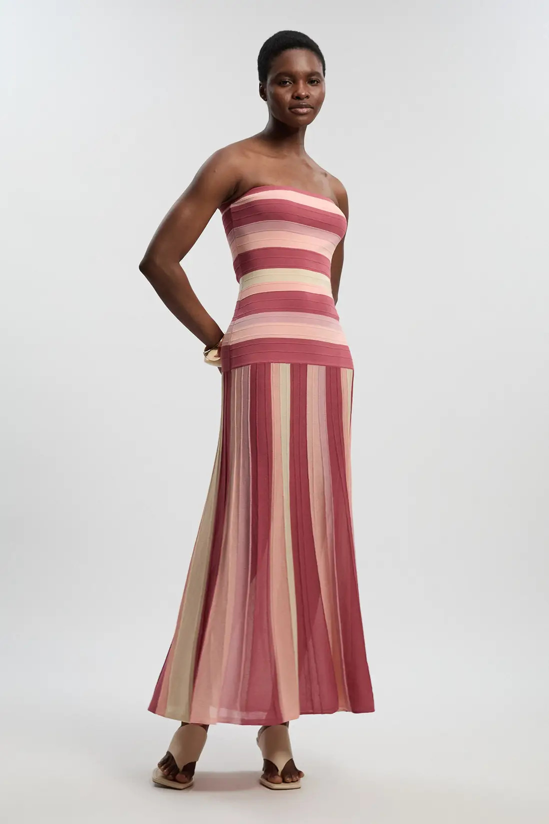 Striped Bardot Knit Maxi Dress | Karen Millen UK + IE + DE + NL