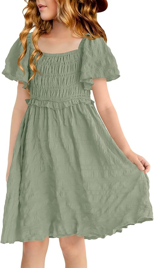 BesserBay Summer Girls Square Neck Smocked Short Sleeve Solid Midi Dress 5-14 Years | Amazon (US)