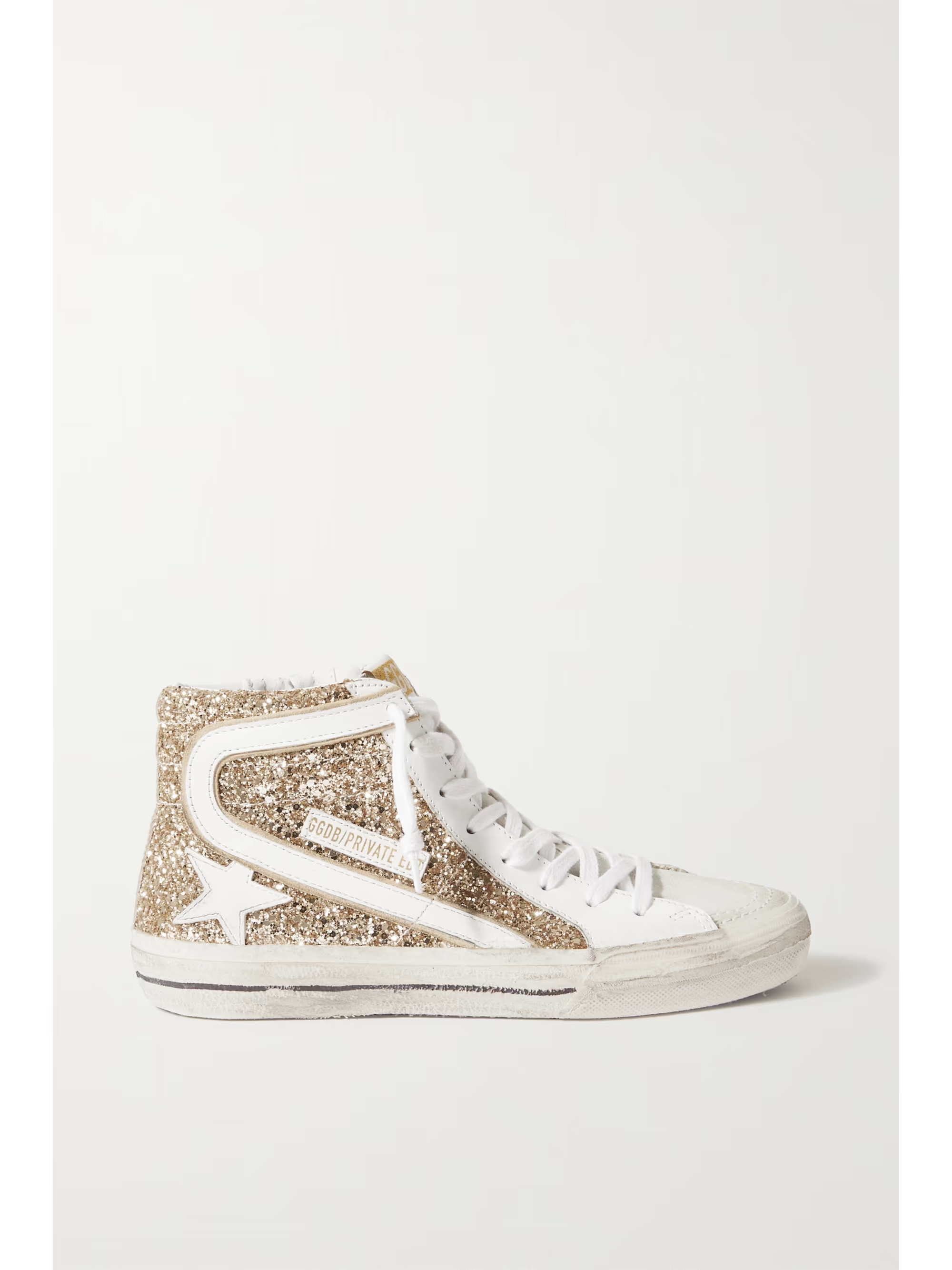 White Slide distressed glittered leather high-top sneakers | GOLDEN GOOSE | NET-A-PORTER | NET-A-PORTER (US)