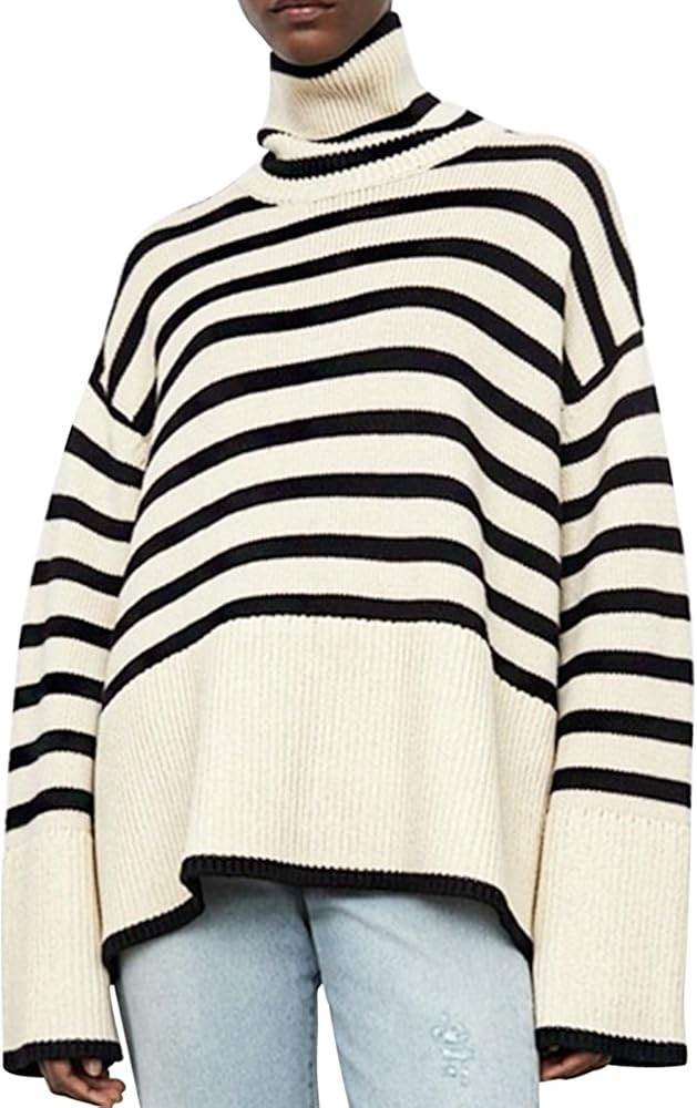 VAOYIU Women's Fall 2023 Striped Turtleneck Sweaters Long Sleeves Knitted Casual Pullovers Loose ... | Amazon (US)