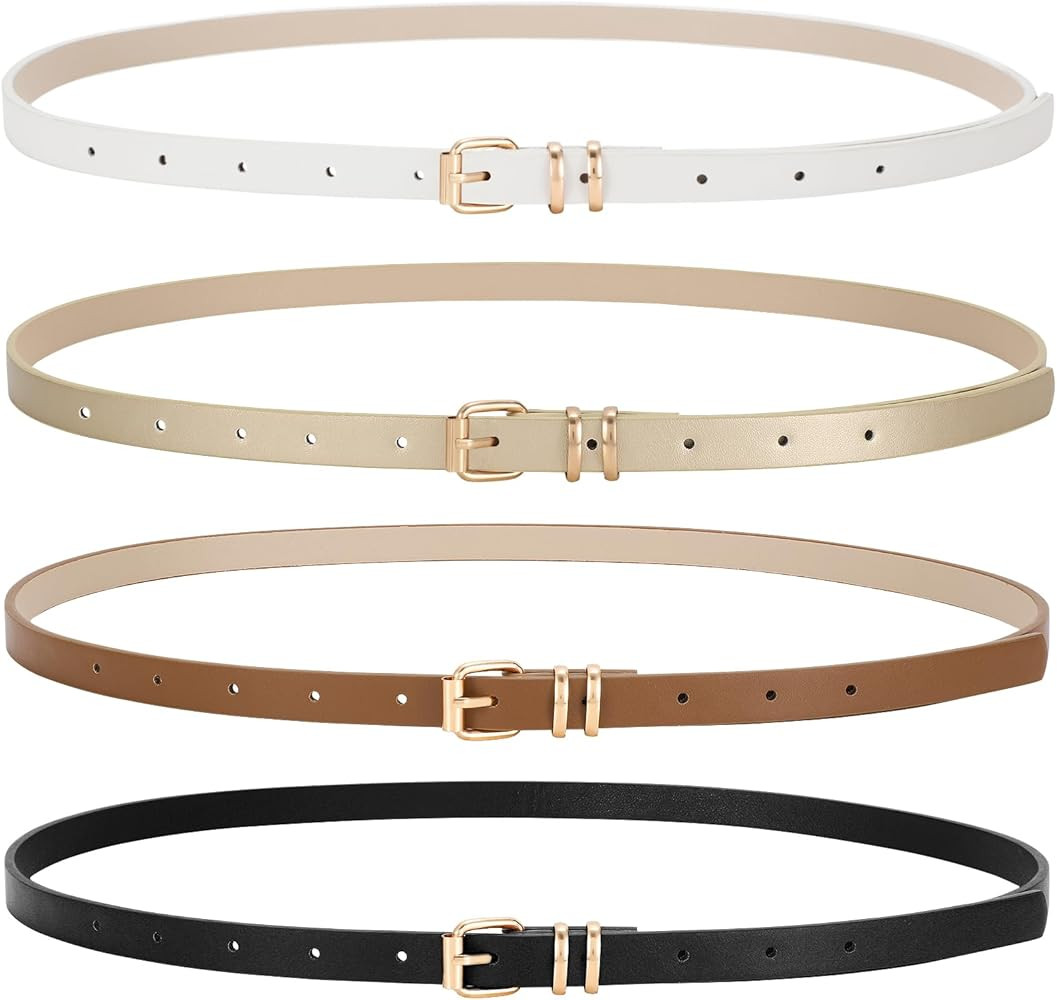 LEACOOLKEY 4 Pack Women Skinny Leather Belts for Dress with Gold Buckle Ladies Thin Waist Belt fo... | Amazon (US)
