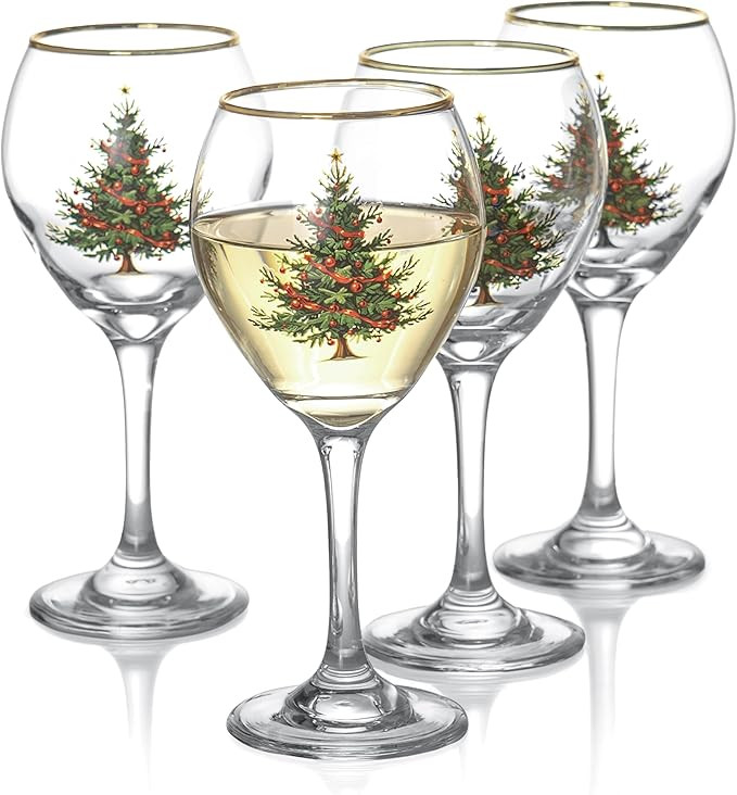 Red Co. Set of 4 Clear Glass 12 Fl Oz Christmas Tree Drinking Tumblers with Gold Rim – Wine Gla... | Amazon (US)