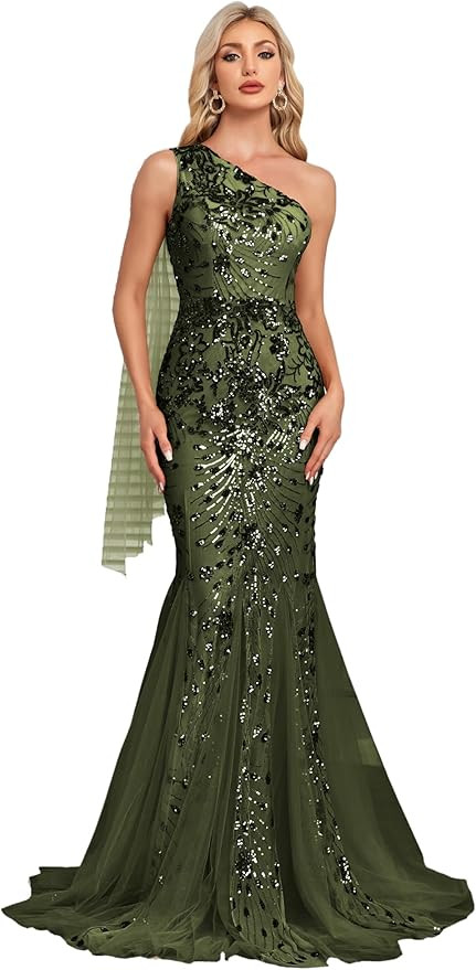 One Shoulder Glitter Mermaid Dress for Mother of The Bride Women's Sexy Sequin Formal Gown | Amazon (US)