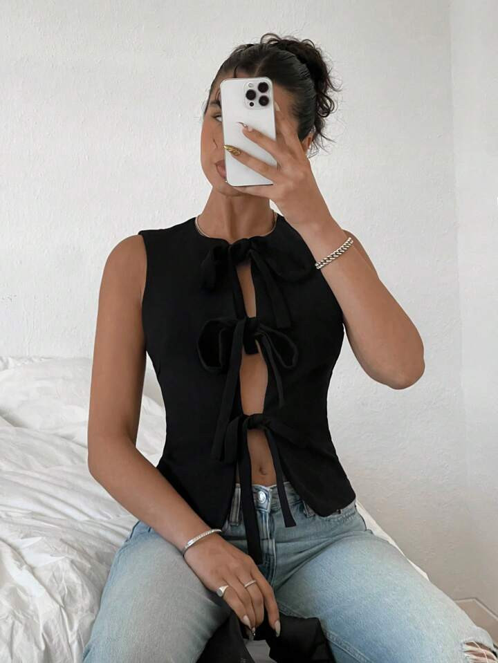SHEIN EZwear Black Hot Girls Sexy Bandage Crop Tops Sleeveless Slim Hollow Out Tank Top | SHEIN