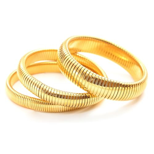ORIGENCE Gold Bangles for Women Gold Chunky Bracelets Set 3PCS Stainless Steel Snake Chain Bracelet Flex Stretch Chain Bracelet 18K Gold Plated Wide Bracelet Jewelry Gifts for Women | Amazon (US)