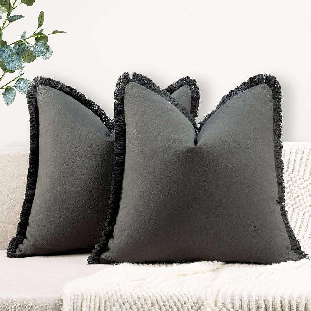 ZWJD Pillow Covers 24x24 Set of 2 Dark Gray Throw Pillow Covers with Fringe Chic Cotton Decorativ... | Amazon (US)