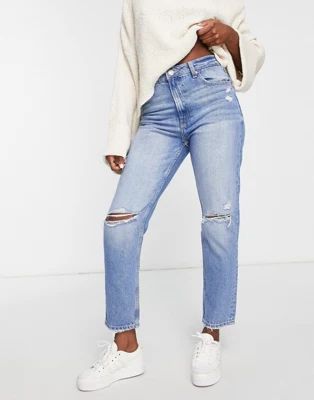 Bershka ripped detail mom jean in mid blue | ASOS (Global)