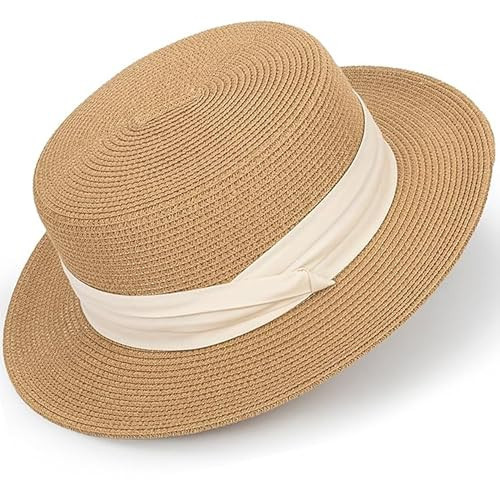 Women Spring Flat-Boater-Hat Thick-Straw-Hat Fall Sun-Hat Summer-Beach Fedora-Hat Medium (US, Alpha, Small, Medium, Khaki-IvoryTape) | Amazon (US)