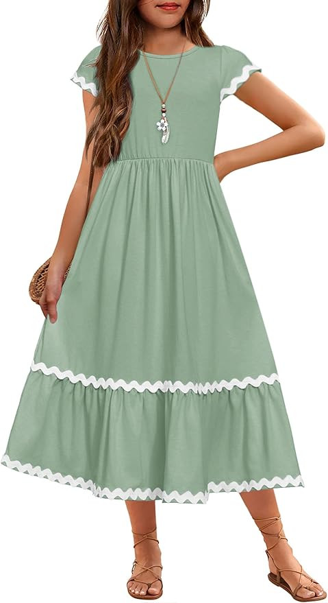 Arshiner Girls Summer Maxi Dresses Short Sleeve Casual Flowy Tiered Dress with Pockets for 4-14 Y... | Amazon (US)