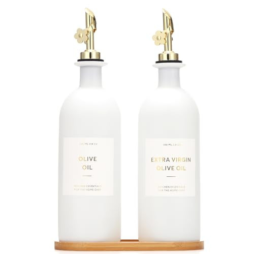 HOMCDALY Olive Oil Dispenser for Kitchen, 16oz Glass Oil Bottles with Bamboo Tray, Gold Oil&Vinegar Cruet Set, Kitchen Dispenser Bottles with Pourer | Set of 2 (16oz – Gold) | Amazon (US)