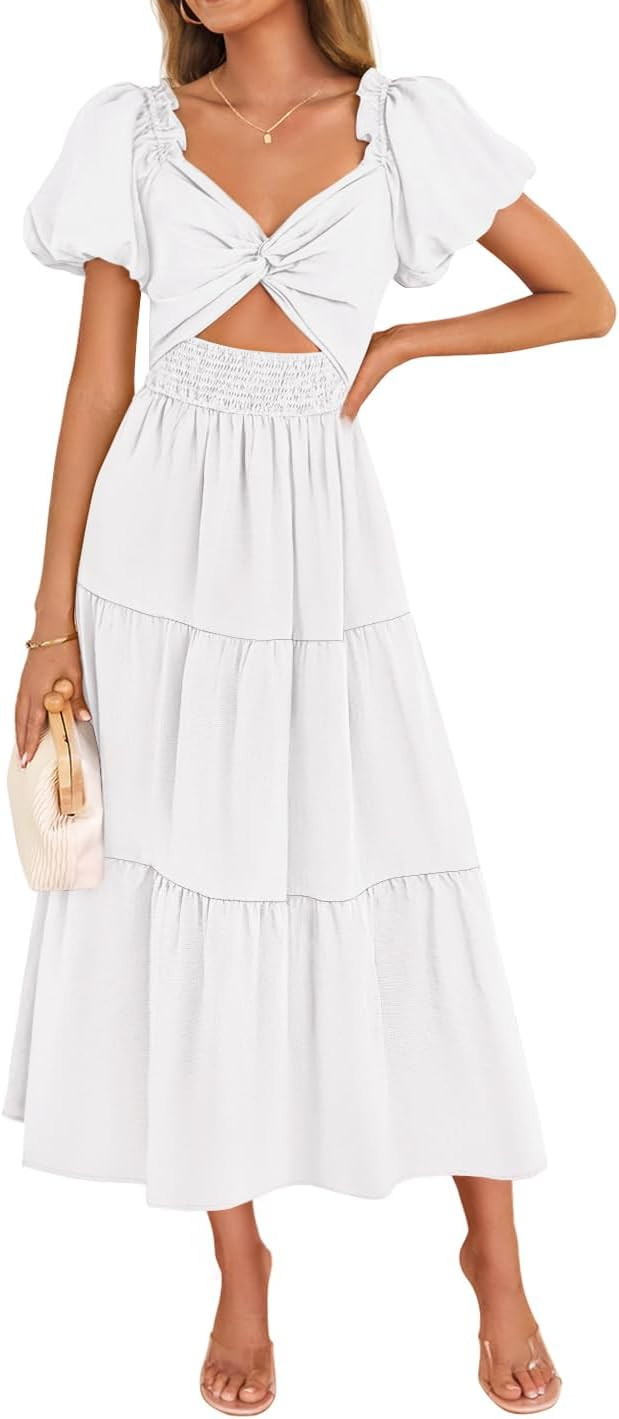 ZESICA Womens Summer 2025 Boho Vacation Dress Short Puff Sleeve Flowy Smocked Cutout A Line Beach... | Amazon (US)