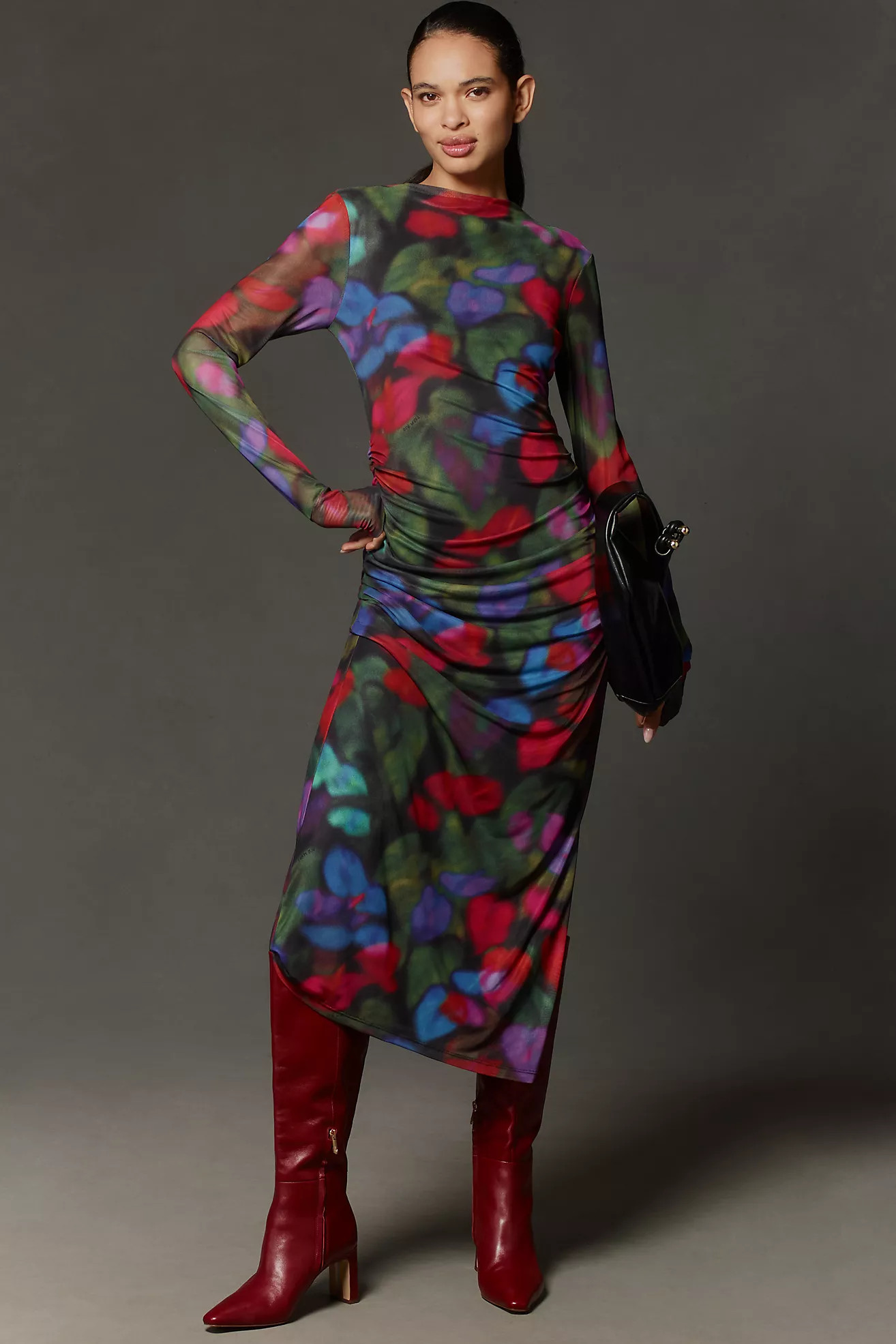 Farm Rio Long-Sleeve Mock-Neck Mesh Slim Midi Dress | Anthropologie (US)