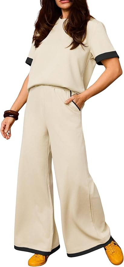 Tanming Women's 2 Piece Matching Lounge Set Short Sleeve Knit Pullover Tops Wide Leg Pants Tracks... | Amazon (US)