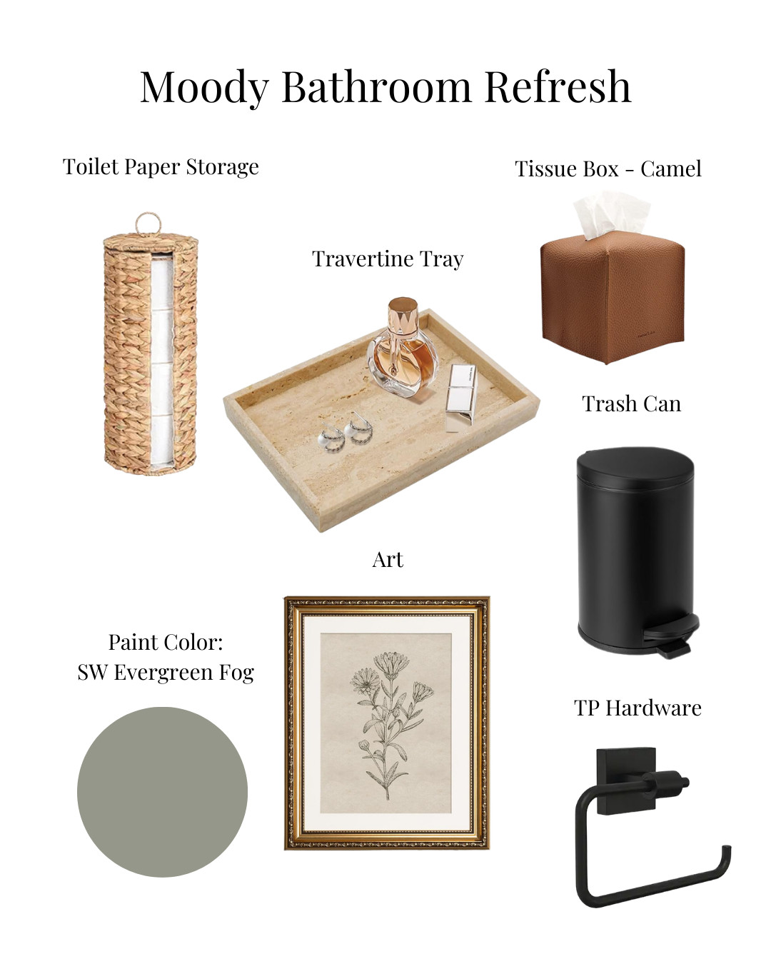 Moody bathroom refresh 🖤
Paint color: Sherwin Williams Evergreen Fog

Sharing the details I used to warm up this space — from the travertine tray to the camel tissue box and matte black hardware.

Small upgrades > full renovations.

Everything is linked here. 

 