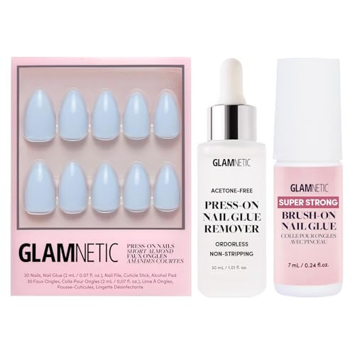Glamnetic Blueberry Milk Press-On Nails - 30 Count, Super Strong Brush On Nail Glue & Gentle Remover, Opaque Light Blue Short Almond Nails | Amazon (US)
