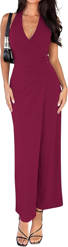 PRETTYGARDEN Halter Dresses for Women 2026 Elegant Classy Spring V Neck Tie Backless Summer Weddi... | Amazon (US)