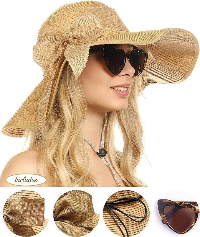 Funcredible Wide Brim Sun Hats for Women - Floppy Straw Hat with Heart Shape Glasses | Amazon (US)