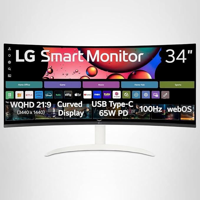 LG 34SR63QA-W 34 inch Smart Curved Monitor with Streaming TV, QHD 1440p, UltraWide Screen, USB Ty... | Amazon (US)