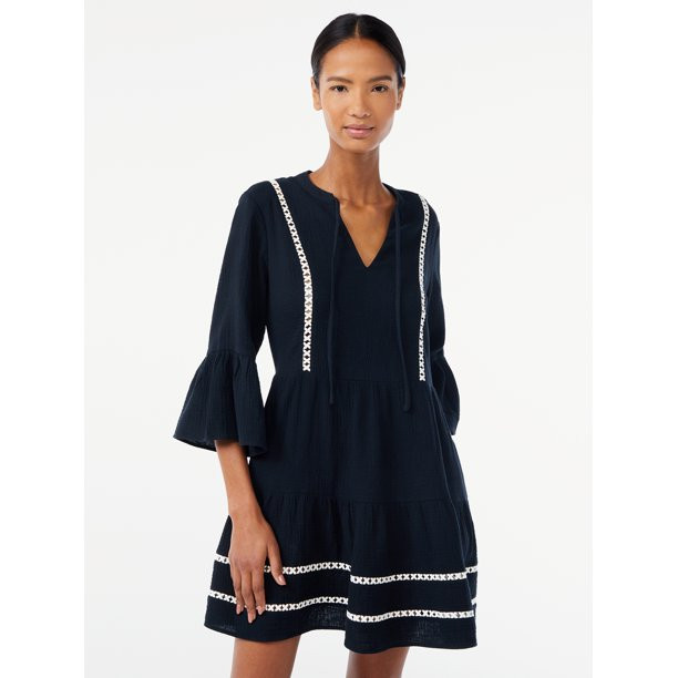 Scoop Women's 3/4 Sleeve Detail Mini Dress - Walmart.com | Walmart (US)