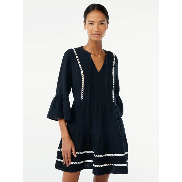 Scoop Women's Lace Trimmed Mini Dress with ¾ -Length Sleeves | Walmart (US)