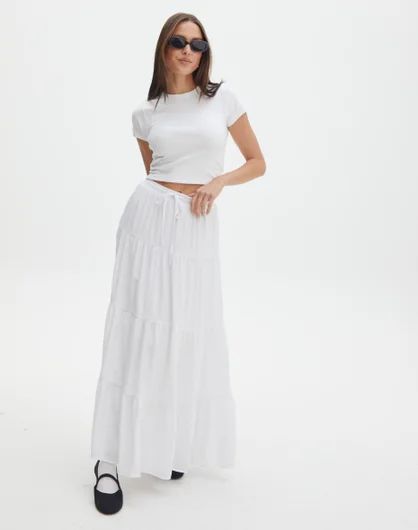 Mid Rise Tiered Maxi Skirt in White | Glassons | Glassons (Australia)