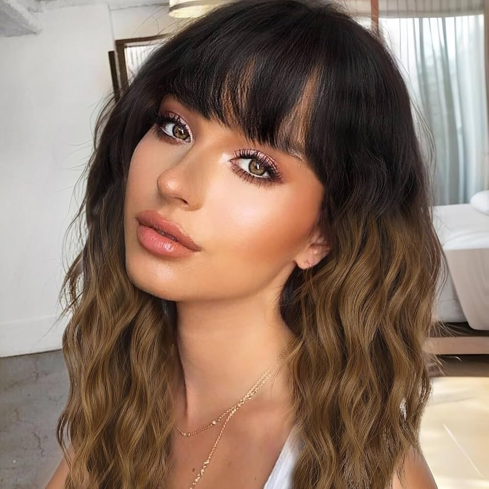 XIXIBI Brown Wig with Bangs Long Wavy Wigs for Women Black to Brown Wig Synthetic Ombre Curly Wav... | Amazon (US)