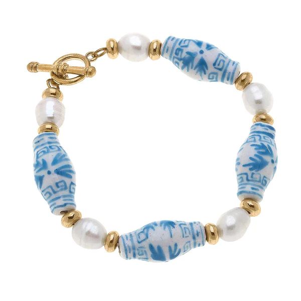 Melanie Porcelain & Freshwater Pearl T-Bar Bracelet in Wedgwood Blue | CANVAS