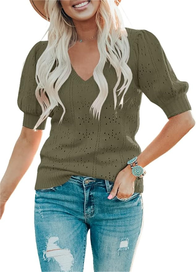 Foshow Womens Puff Short Sleeve Sweaters Tops Fall Soft Crew Neck Dot Pullover Shirt Lightweight ... | Amazon (US)