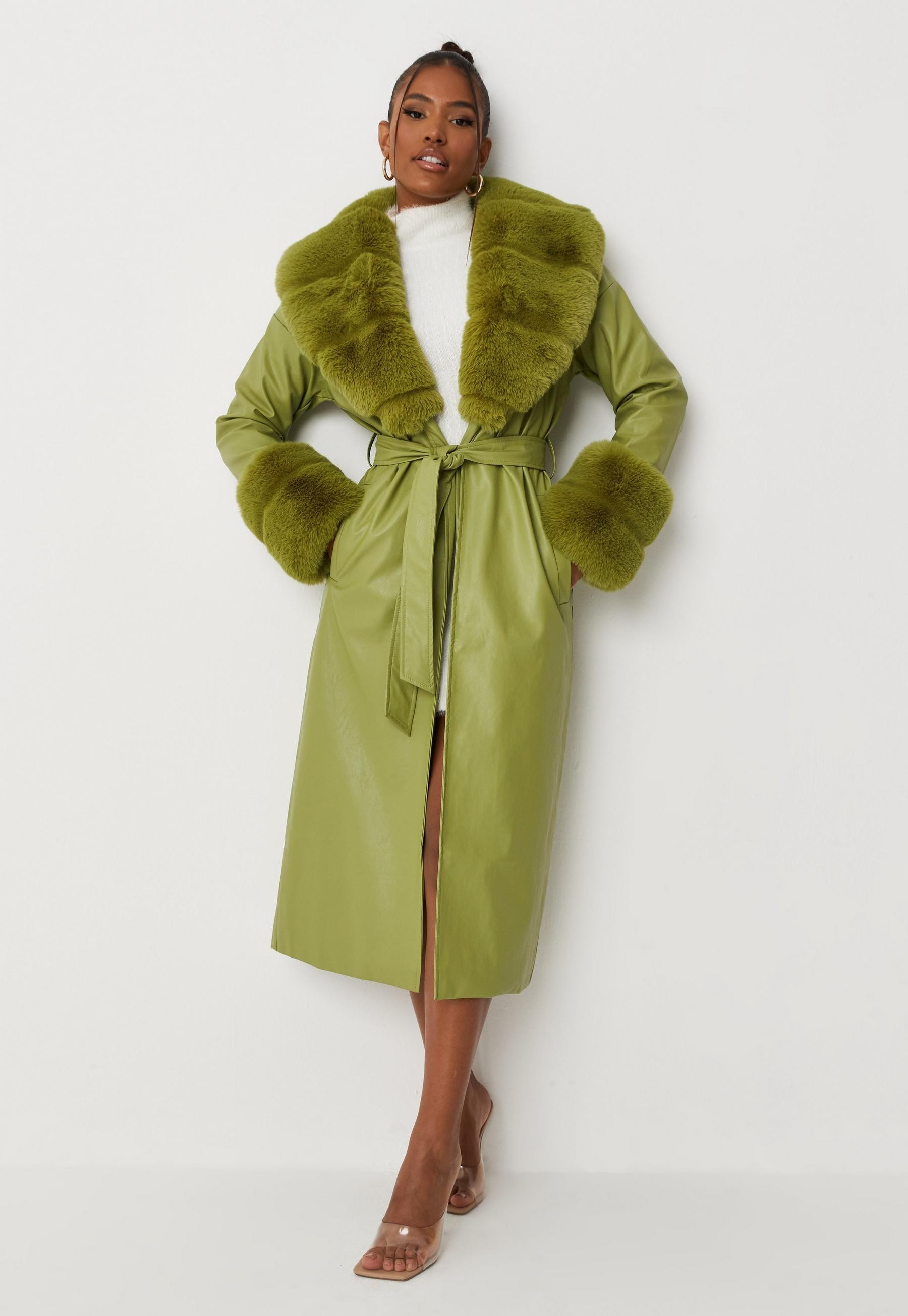 Missguided - Carli Bybel x Missguided Green Faux Leather Faux Fur Trim Trench Coat | Missguided (US & CA)