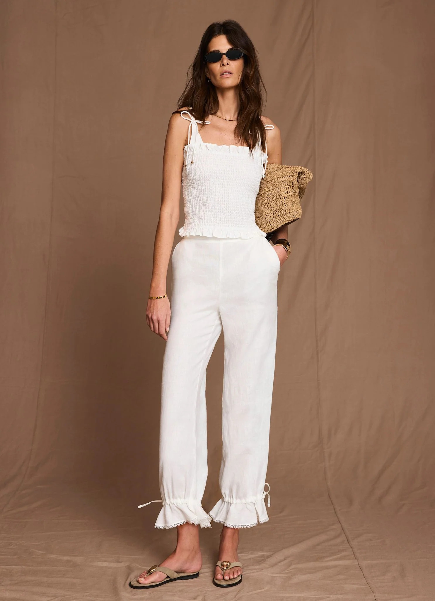 White Linen Scallop Trim Trousers | Mint Velvet