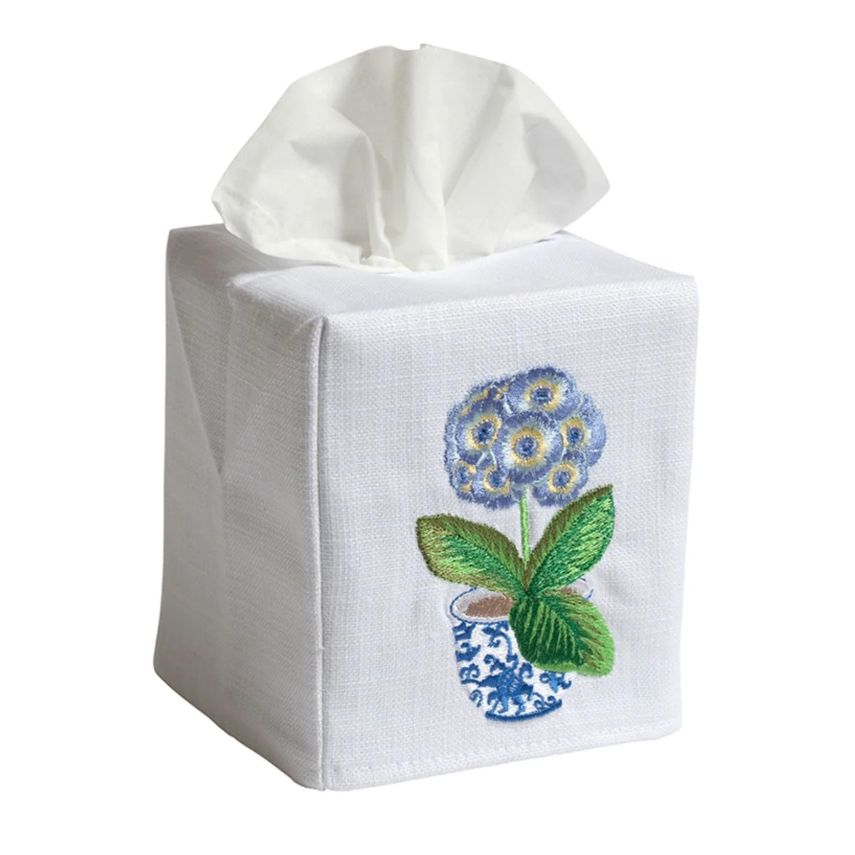 White Linen and Cotton Tissue Box Cover with Embroidered Potted Blue Primrose | The Well Appointed House, LLC