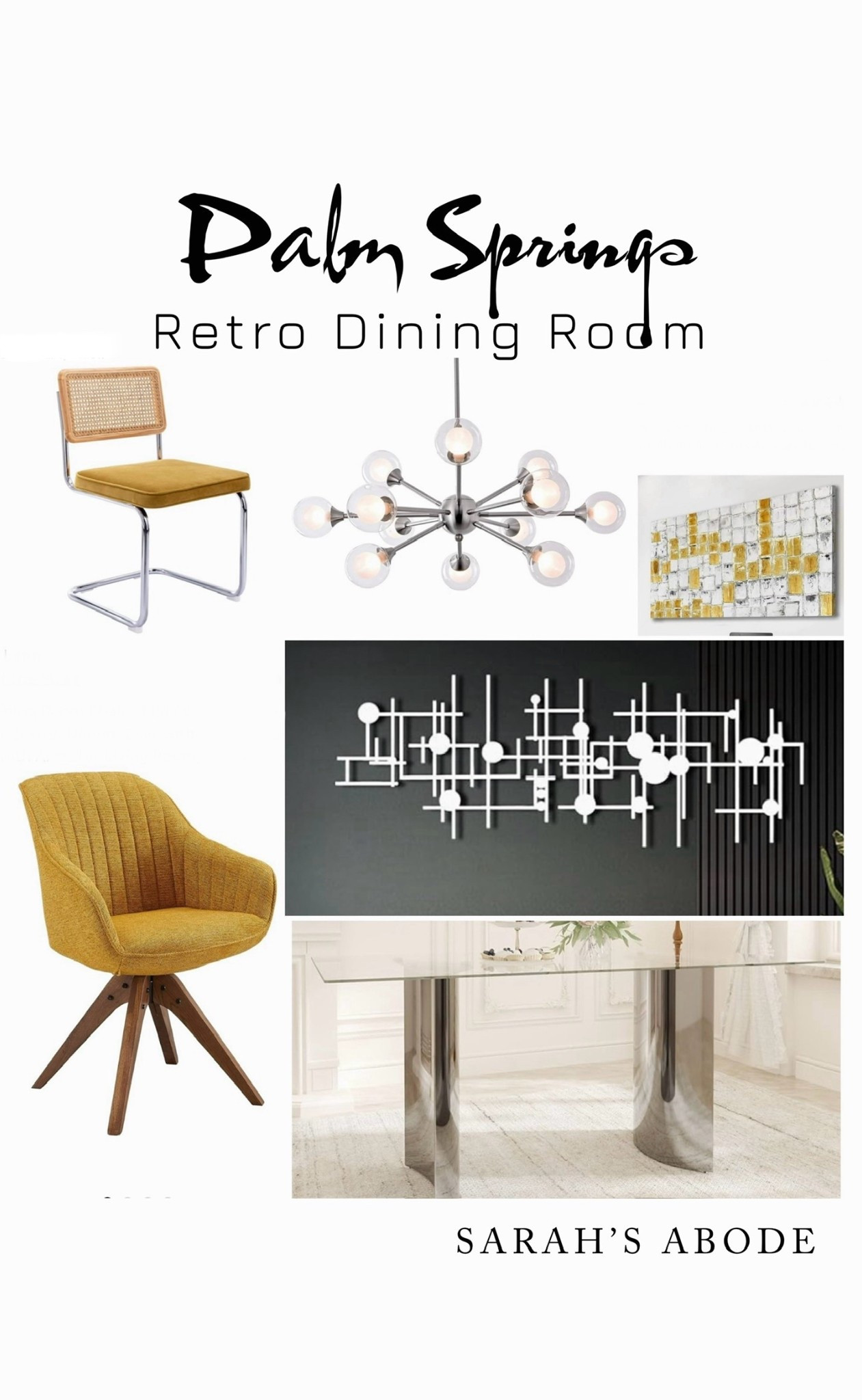 Palm Springs style dinning room with lots of retro vibes. 

Yellow upholstered dining chair, Sputnik chandelier, metal wall decor, modern dining chair, modern dining table, sparkle, chrome  

#LTKSaleAlert #LTKHome #LTKSeasonal