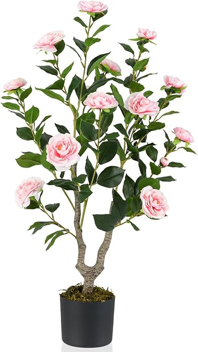 GOFLAME 3FT Artificial Camellia Tree, Faux Camellia Plant with Pink Flowers, Solid Wood Trunk, Re... | Amazon (US)