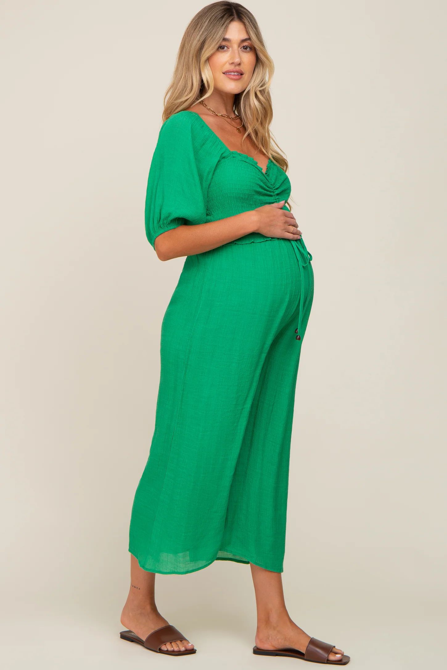 Green Smocked Drawstring Front Short Sleeve Maternity Jumpsuit | PinkBlush Maternity