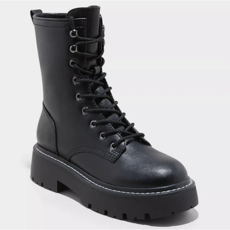 Wild Fable Women's Black Logan Lug Combat Boots with Memory Foam Insole size 8 | Walmart (US)