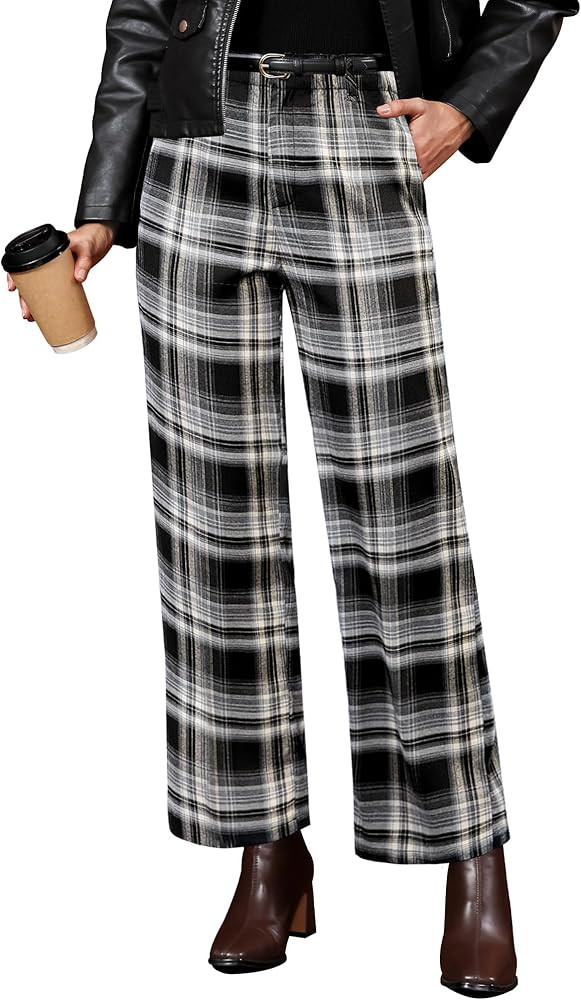GRAPENT Plaid Pants for Women Wide Leg High Waisted Tartan Work Business Casual Elastic Waist Tro... | Amazon (US)