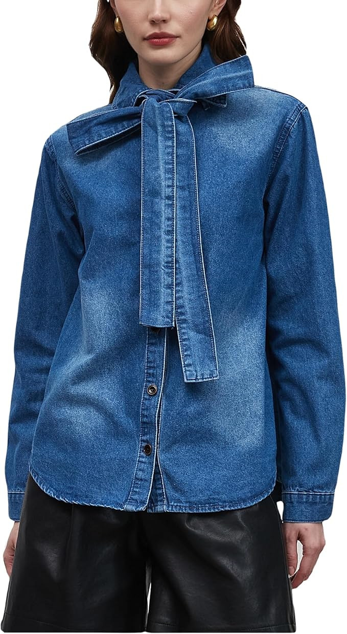 LADYFUL Denim Button Down Shirt Shacket Women Casual Bow Tie Neck Long Sleeve Jean Shirt Blouse T... | Amazon (US)