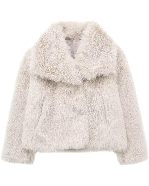 Women's Lapel Faux Fur Jackets Winter Warm Long Sleeve Coats Open Front Fluffy Outerwear | Amazon (US)