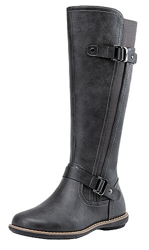 Jeossy Women's 9656 Knee-High Boots grey Fashion Riding Boots with Buckle Size 7.5 (DJY9656 grey 07.5) | Amazon (US)