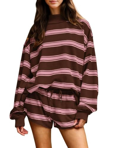 synound Women Striped 2 Piece Set Oversized Sweatshirt Shorts Outfits | Amazon (US)