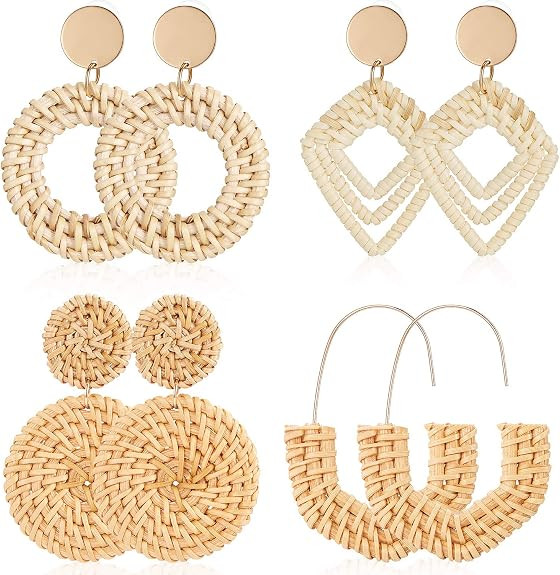 meekoo 4 Pairs Rattan Earrings for Women Beach Essentials Tassel Dangle Boho Straw Earrings | Amazon (US)