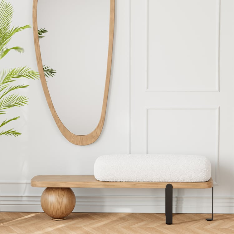 Natural & Black Wooden Entryway Bench Fleece Upholstered with Abstract Metal Legs | Homary | Homary