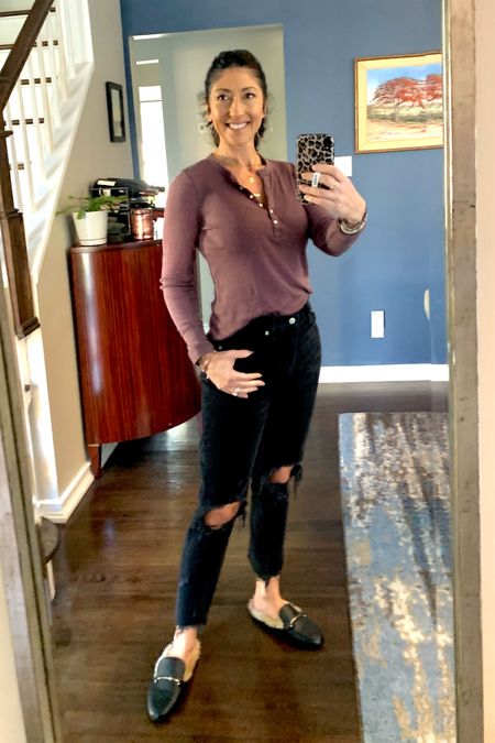It’s getting colder, so I pulled out a long sleeve Henley. This one is from American Eagle, size small. My jeans are Abercrombie straight leg distressed high waist jeans, size 27. Furry mules are from Target  

#LTKunder100 #LTKstyletip #LTKunder50